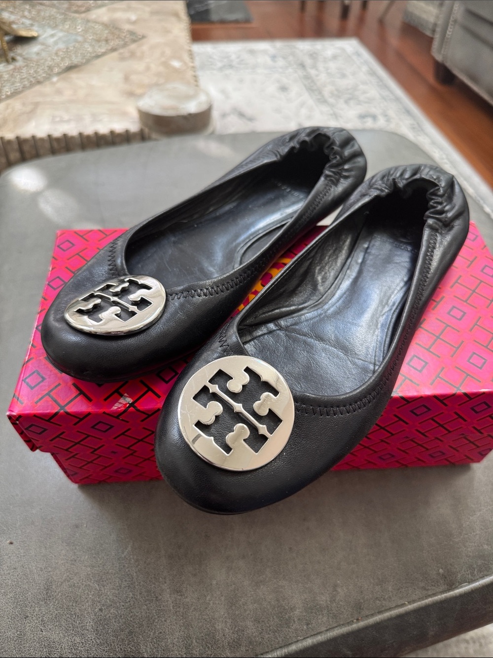 Tory Burch Black Leather Ballet Flats with Silver Logo Medallion